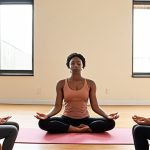 **A diverse group of people in a counseling session, with a compassionate clinical psychologist offering guidance. The scene is warm and inviting, emphasizing mental health and well-being. Include elements that suggest stress management techniques, like yoga poses depicted in the background.**