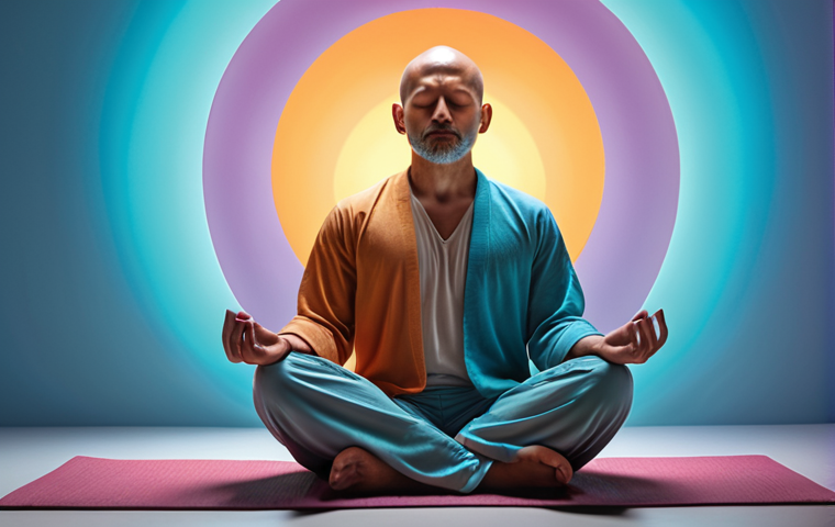 **A person meditating surrounded by calming colors, representing mindfulness and stress management techniques.**