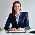 A professional businesswoman in a modest business suit, sitting at a desk in a modern office, fully clothed, appropriate attire, safe for work, perfect anatomy, natural proportions, professional photography, high quality, family-friendly.