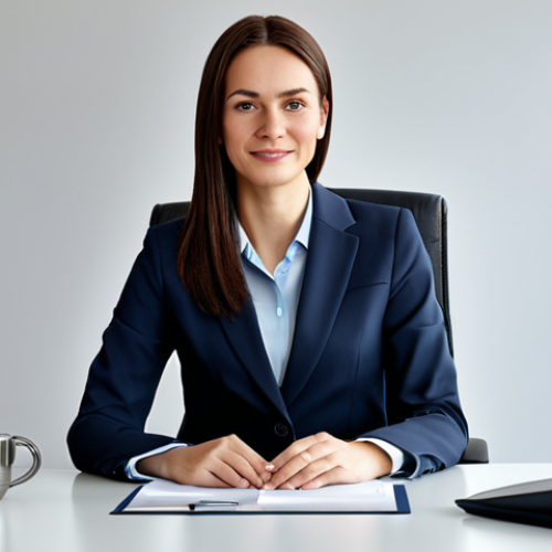 Home 12 A professional businesswoman in a modest business suit, sitting at a desk in a modern office, fully clothed, appropriate attire, safe for work, perfect anatomy, natural proportions, professional photography, high quality, family-friendly.