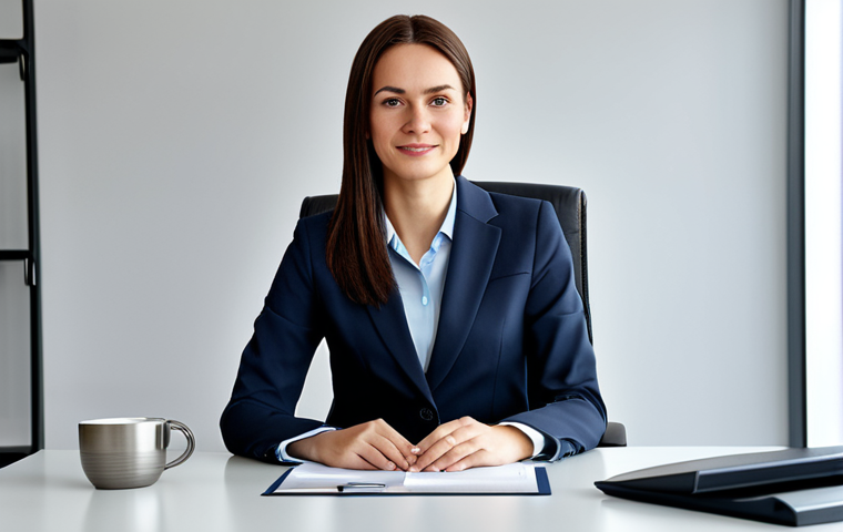 A professional businesswoman in a modest business suit, sitting at a desk in a modern office, fully clothed, appropriate attire, safe for work, perfect anatomy, natural proportions, professional photography, high quality, family-friendly.
