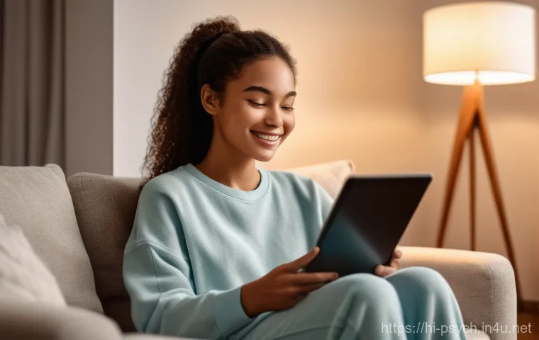 심리학 인공지능 응용 - **Prompt: A warm and comforting scene depicting a young woman (around 20s) sitting on a plush sofa i...