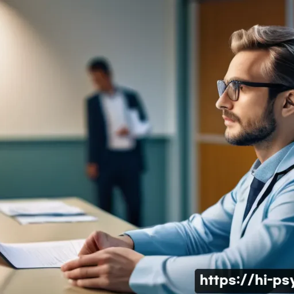 심리학 진로 및 취업정보 - A professional clinical psychologist in a modern hospital setting, wearing smart formal attire and g...