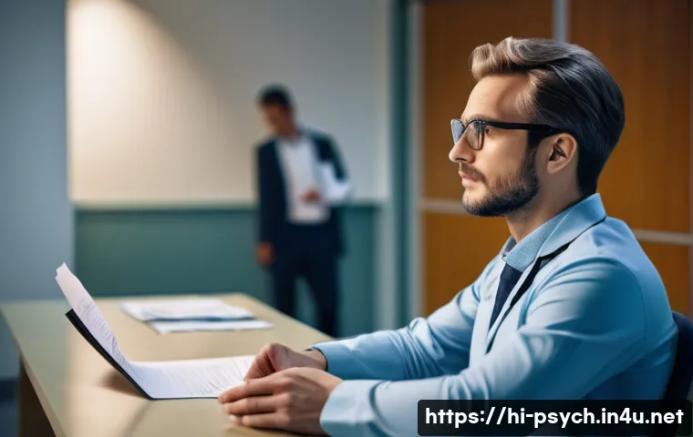 심리학 진로 및 취업정보 - A professional clinical psychologist in a modern hospital setting, wearing smart formal attire and g...