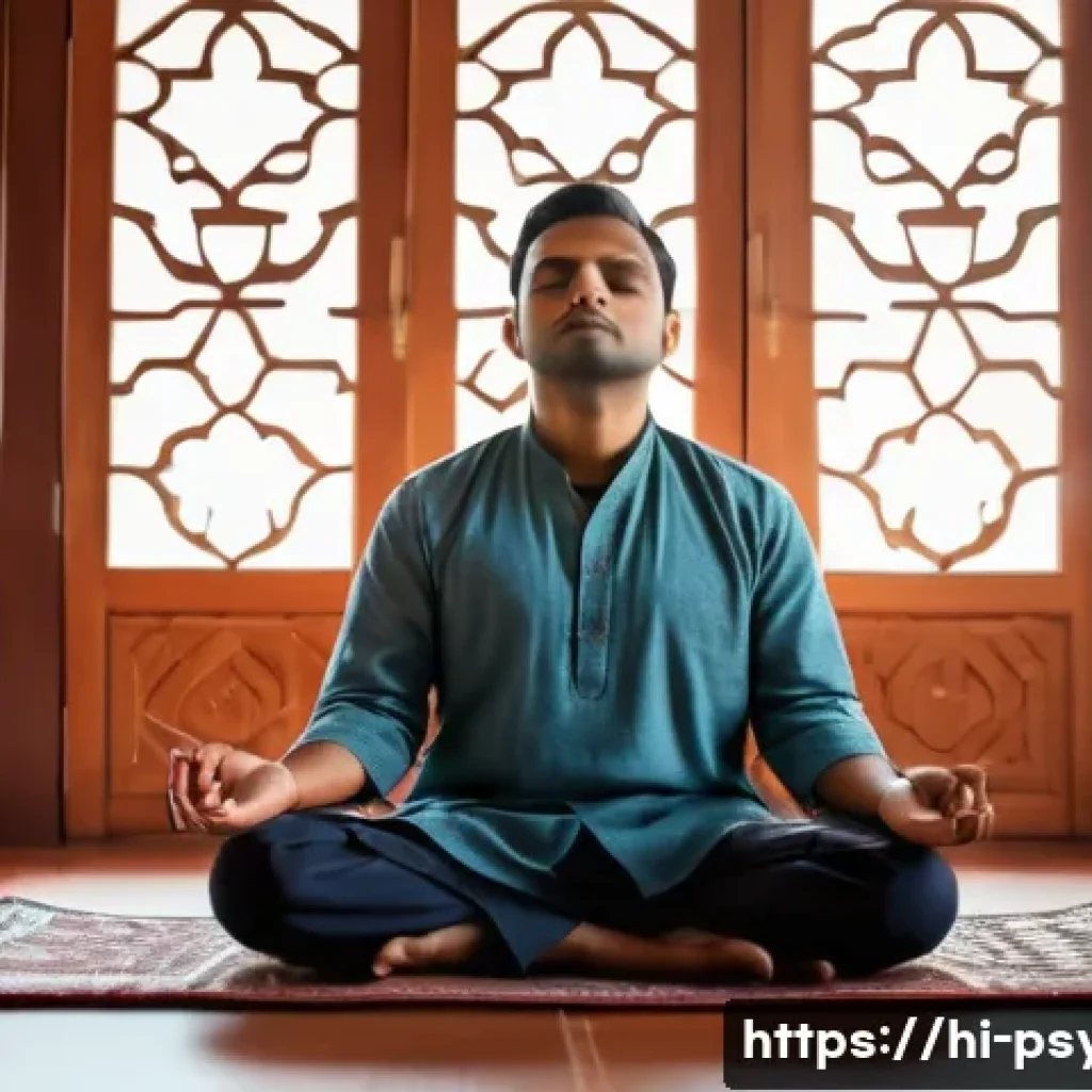 심리학 기초학문 - A thoughtful Indian man sitting cross-legged on a traditional rug in a serene room, practicing mindf...