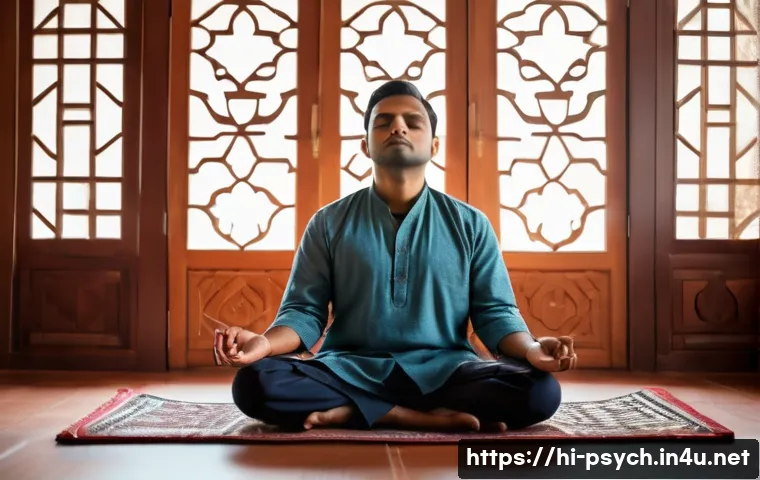 심리학 기초학문 - A thoughtful Indian man sitting cross-legged on a traditional rug in a serene room, practicing mindf...