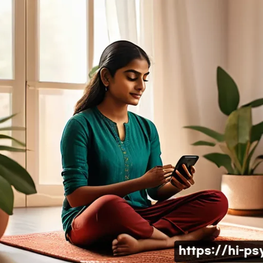 심리학 최신 기술 - A modern digital mental health therapy session scene showing a young Indian woman comfortably seated...