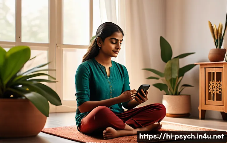 심리학 최신 기술 - A modern digital mental health therapy session scene showing a young Indian woman comfortably seated...