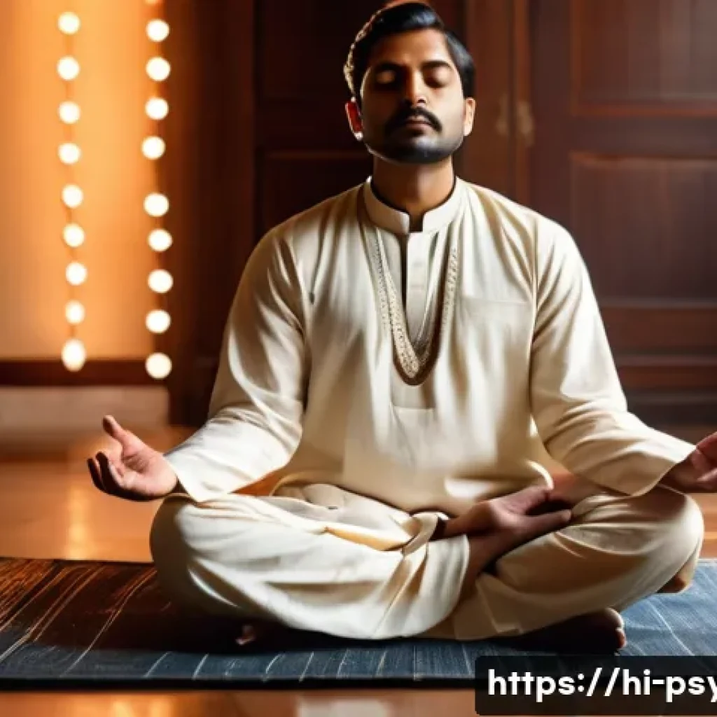 심리학 심리학개론 - A serene and focused Indian man sitting cross-legged on a traditional floor mat in a softly lit room...