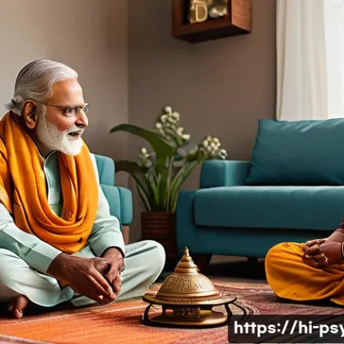 심리학 임상심리학 - A serene and compassionate scene of a diverse Indian family in traditional and modern attire engagin...