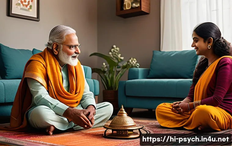 심리학 임상심리학 - A serene and compassionate scene of a diverse Indian family in traditional and modern attire engagin...