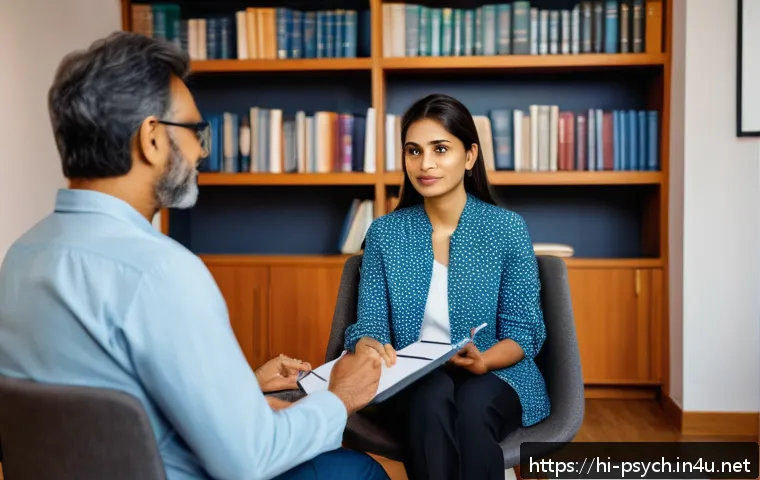 심리학 진로와 직업 - A professional clinical psychologist consulting with an adult patient in a modern, well-lit therapy ...