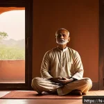 심리학 분야 - A serene and introspective Indian man sitting cross-legged in a traditional room with soft natural l...