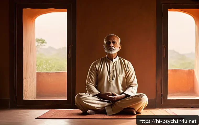 심리학 분야 - A serene and introspective Indian man sitting cross-legged in a traditional room with soft natural l...