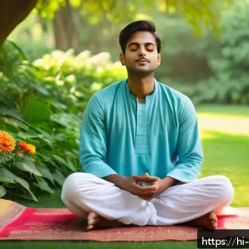 심리학 상담학 - A serene scene of a young Indian man sitting cross-legged in a peaceful garden surrounded by lush gr...