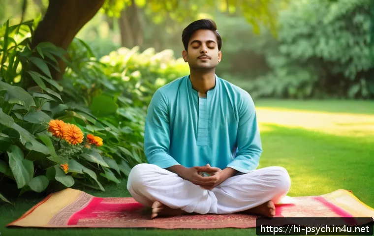 심리학 상담학 - A serene scene of a young Indian man sitting cross-legged in a peaceful garden surrounded by lush gr...