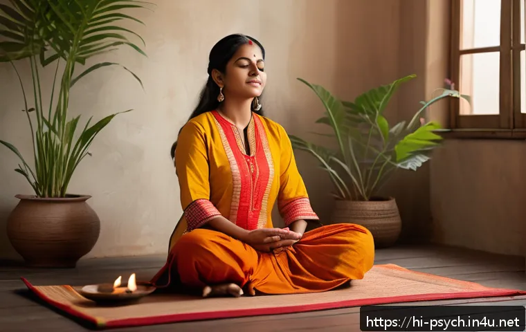 심리학 이론과 실제 - A serene Indian woman in traditional kurta sitting cross-legged on a wooden floor in a softly lit ro...