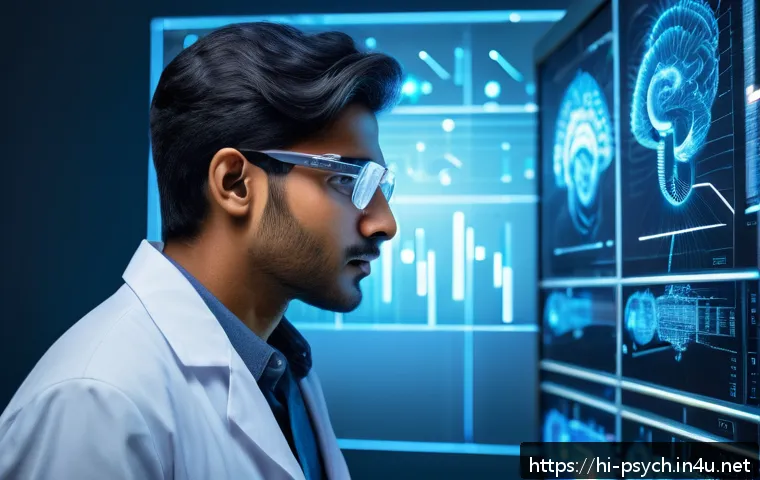 심리학 미래 기술 - A futuristic laboratory scene showcasing a young Indian male scientist wearing casual clothing and g...