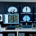 심리학의 역사적 발전 - A detailed, realistic scene showing a modern neuroscience laboratory where scientists are examining ...