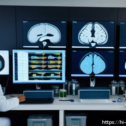 심리학의 역사적 발전 - A detailed, realistic scene showing a modern neuroscience laboratory where scientists are examining ...