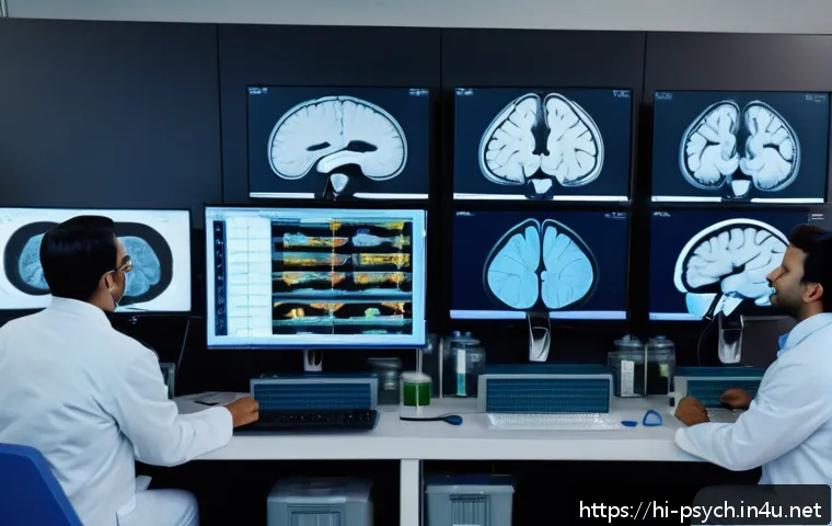 심리학의 역사적 발전 - A detailed, realistic scene showing a modern neuroscience laboratory where scientists are examining ...