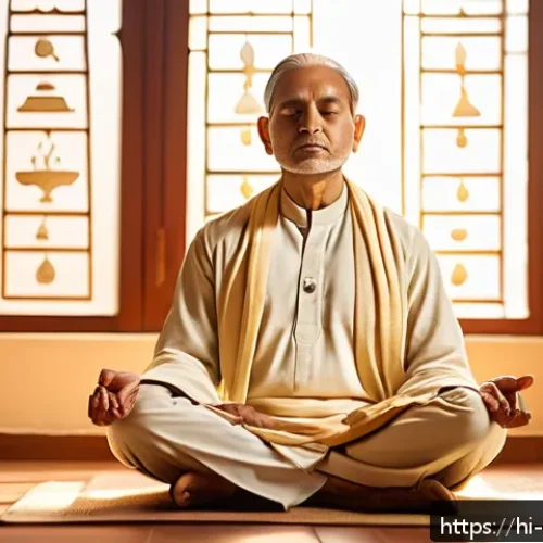 심리학 공통 과목 - A serene and contemplative Indian man sitting cross-legged in a softly lit room, eyes closed in deep...