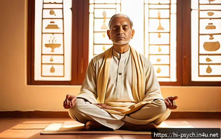 심리학 공통 과목 - A serene and contemplative Indian man sitting cross-legged in a softly lit room, eyes closed in deep...