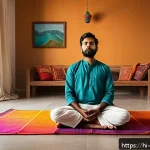 심리학 전공 심리학적 기술 - A serene morning scene in a modern Indian home where a young Hindi-speaking man sits cross-legged on...