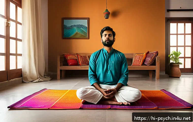 심리학 전공 심리학적 기술 - A serene morning scene in a modern Indian home where a young Hindi-speaking man sits cross-legged on...