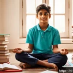 심리학 수업 준비 - A detailed, warm study scene featuring a young Indian student sitting cross-legged on the floor in a...